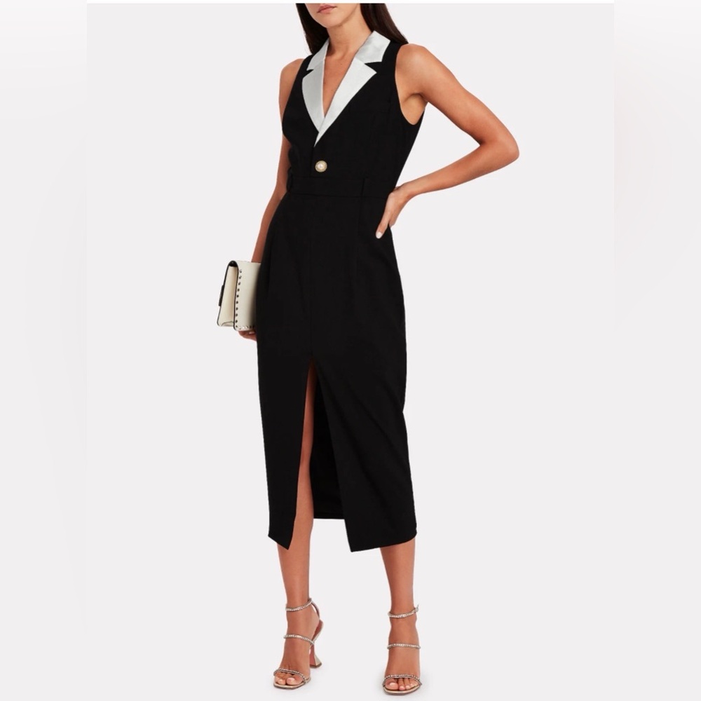 Ronny Kobo Collection Black Sleeveless Blazer Midi Dress with White Lapel